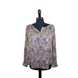 Ann Taylor LOFT Peacock Feather Print Blouse Button Up Blue Brown Boho